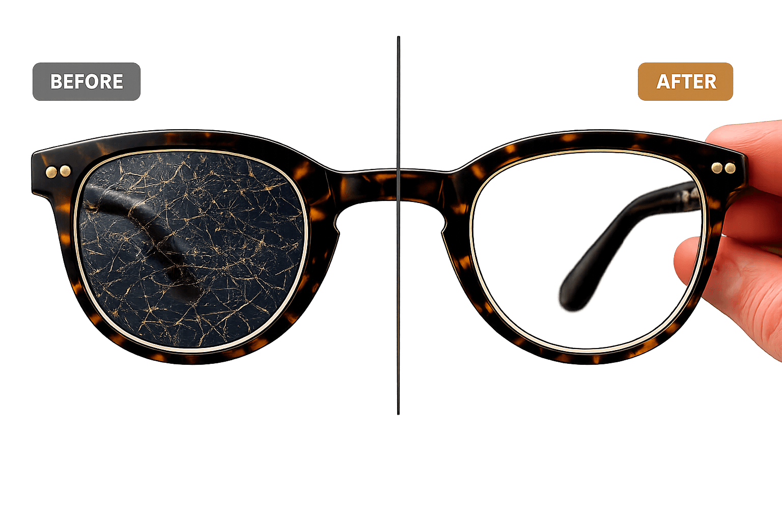 Before and after — cracked lens on the left, restored frames with a new clear lens on the right